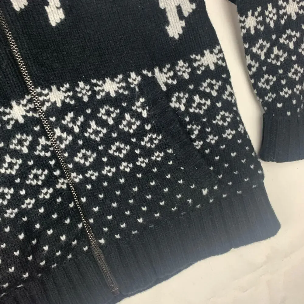 Black Brown mens small lambs wool knit reindeer sweater zip polo white new